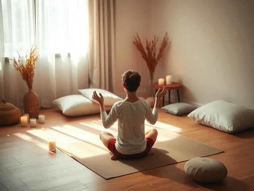 A serene image of a person meditating in a softly lit room, accessing daily energy forecasts on a tablet, with celestial symbols subtly visible in the background.
