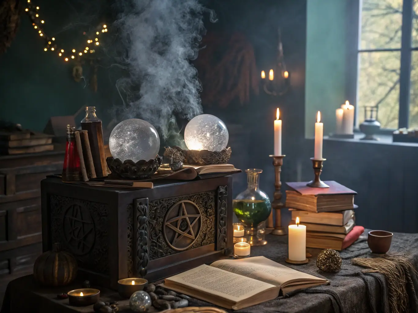 A mystical scene of candles, crystals, and ritual tools arranged on an altar, with a person performing a spell, surrounded by glowing energies.