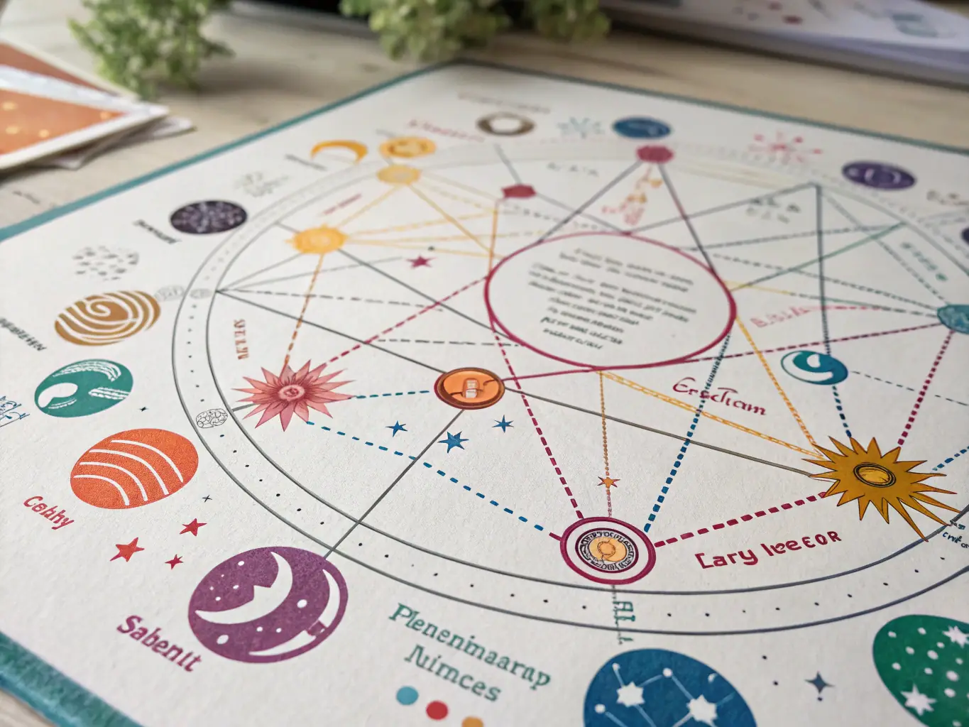An artistic image of a person looking at a personalized horoscope chart with glowing constellations and planets, set against a backdrop of a starry night.